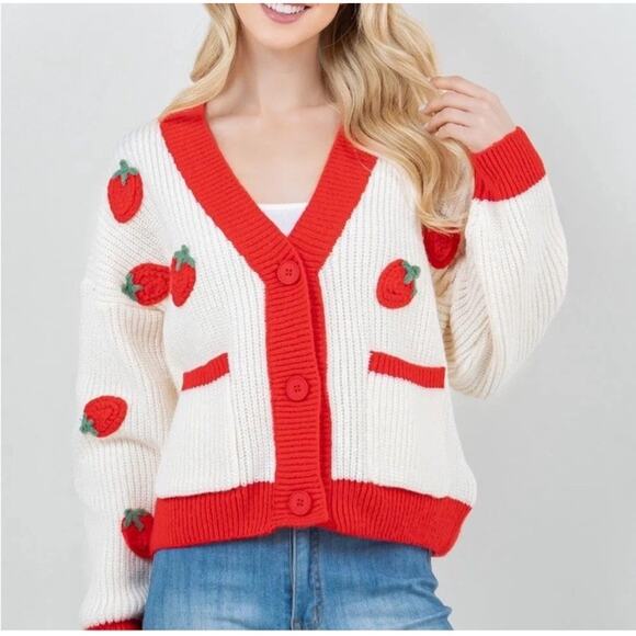 Heritage Sweaters - Heritage Cardigan Sweater Womens M/L Strawberry Fruit Embroidered Red Cream